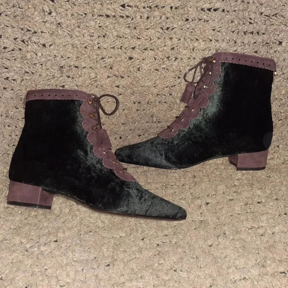 1990'sVintage MONDI-Victorian Lace -Up Style Black Velvet w/Plum Suede-Sz36-NWOB